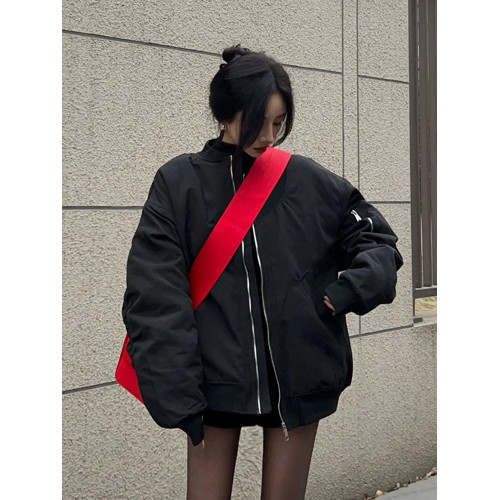 美式黑色棒球服外套女冬季加厚棉衣2025春秋新爆款寬松夾克飛行服 美式黑色棒球服外套女冬季加厚棉衣2025春秋新爆款寬松夾克飛行服