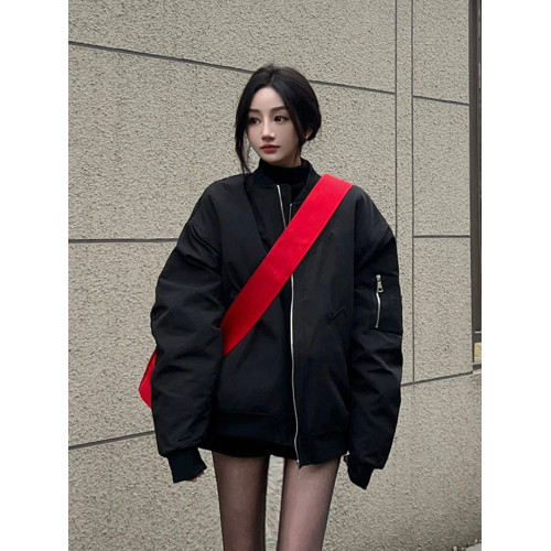 美式黑色棒球服外套女冬季加厚棉衣2025春秋新爆款寬松夾克飛行服 美式黑色棒球服外套女冬季加厚棉衣2025春秋新爆款寬松夾克飛行服