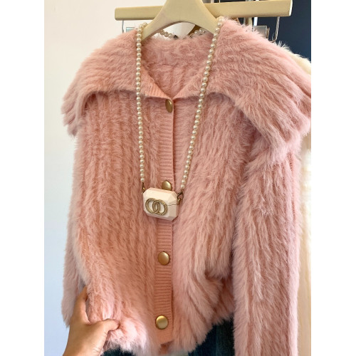 軟糯糯粉色水貂絨翻領開衫女秋季款高級感金釦外套溫柔奶呼呼毛衣 軟糯糯粉色水貂絨翻領開衫女秋季款高級感金釦外套溫柔奶呼呼毛衣