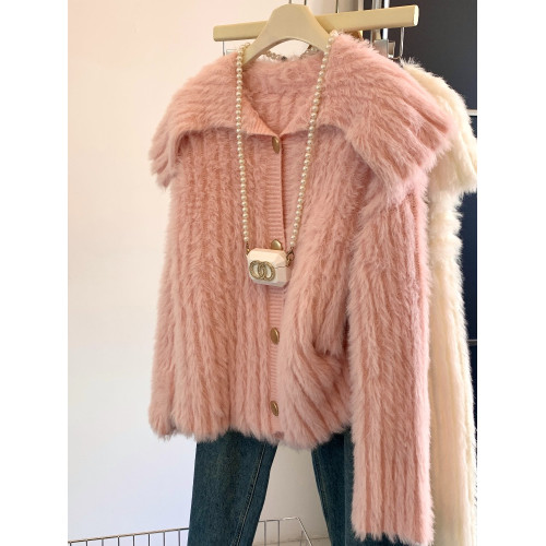 軟糯糯粉色水貂絨翻領開衫女秋季款高級感金釦外套溫柔奶呼呼毛衣 軟糯糯粉色水貂絨翻領開衫女秋季款高級感金釦外套溫柔奶呼呼毛衣