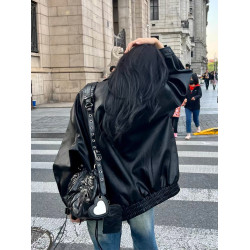 黑色美式復古廓形皮衣外套夾克女秋冬新款高級感機車服小個子上衣