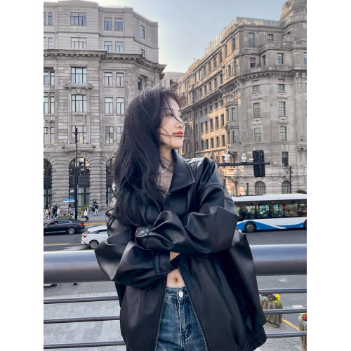 黑色美式復古廓形皮衣外套夾克女秋冬新款高級感機車服小個子上衣 黑色美式復古廓形皮衣外套夾克女秋冬新款高級感機車服小個子上衣
