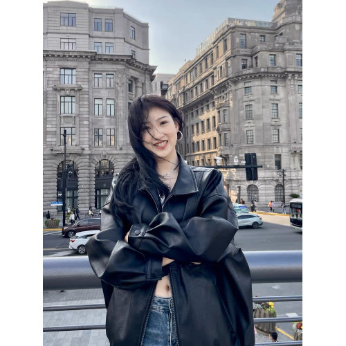 黑色美式復古廓形皮衣外套夾克女秋冬新款高級感機車服小個子上衣 黑色美式復古廓形皮衣外套夾克女秋冬新款高級感機車服小個子上衣