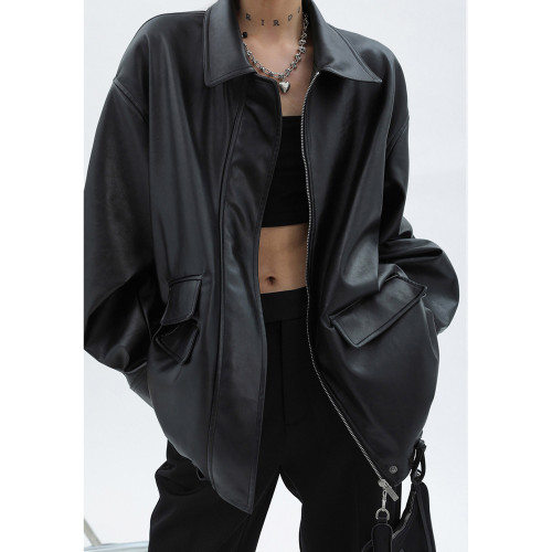 300斤大碼女裝美式復古黑色皮衣外套女胖mm甜酷PU皮寬松長袖夾克 300斤大碼女裝美式復古黑色皮衣外套女胖mm甜酷PU皮寬松長袖夾克