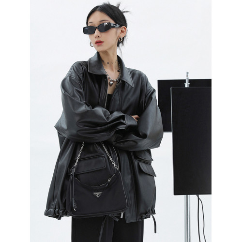 300斤大碼女裝美式復古黑色皮衣外套女胖mm甜酷PU皮寬松長袖夾克 300斤大碼女裝美式復古黑色皮衣外套女胖mm甜酷PU皮寬松長袖夾克