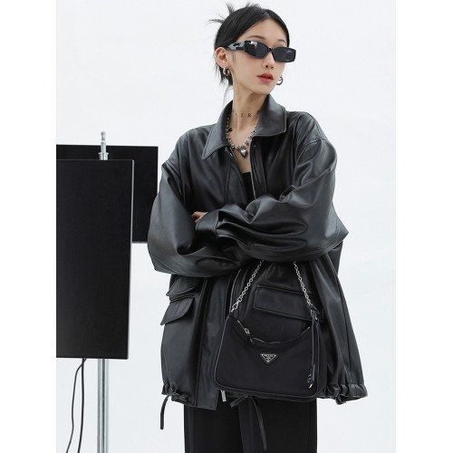 300斤大碼女裝美式復古黑色皮衣外套女胖mm甜酷PU皮寬松長袖夾克 300斤大碼女裝美式復古黑色皮衣外套女胖mm甜酷PU皮寬松長袖夾克