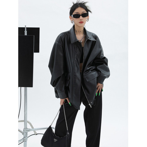 300斤大碼女裝美式復古黑色皮衣外套女胖mm甜酷PU皮寬松長袖夾克 300斤大碼女裝美式復古黑色皮衣外套女胖mm甜酷PU皮寬松長袖夾克