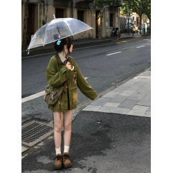 美式復古牛油果綠拼接牛仔外套女春秋設計感小衆做舊Vibe風夾克潮