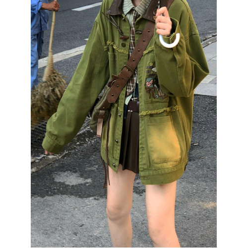 美式復古牛油果綠拼接牛仔外套女春秋設計感小衆做舊Vibe風夾克潮 美式復古牛油果綠拼接牛仔外套女春秋設計感小衆做舊Vibe風夾克潮