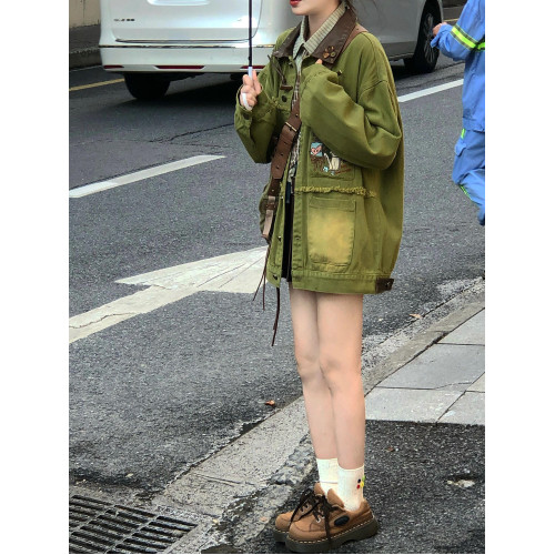 美式復古牛油果綠拼接牛仔外套女春秋設計感小衆做舊Vibe風夾克潮 美式復古牛油果綠拼接牛仔外套女春秋設計感小衆做舊Vibe風夾克潮