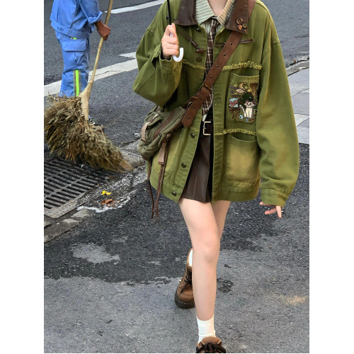 美式復古牛油果綠拼接牛仔外套女春秋設計感小衆做舊Vibe風夾克潮 美式復古牛油果綠拼接牛仔外套女春秋設計感小衆做舊Vibe風夾克潮