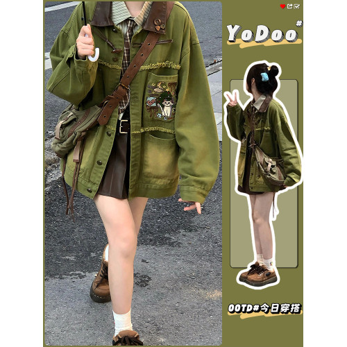 美式復古牛油果綠拼接牛仔外套女春秋設計感小衆做舊Vibe風夾克潮 美式復古牛油果綠拼接牛仔外套女春秋設計感小衆做舊Vibe風夾克潮