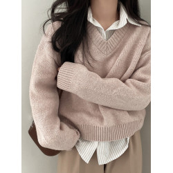 韓國chic秋冬基礎款純色V領套頭毛衣女慵懶風加厚保暖針織衫上衣