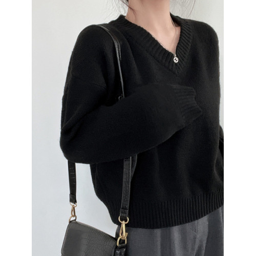 韓國chic秋冬基礎款純色V領套頭毛衣女慵懶風加厚保暖針織衫上衣 韓國chic秋冬基礎款純色V領套頭毛衣女慵懶風加厚保暖針織衫上衣