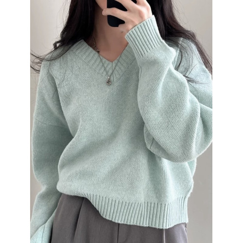 韓國chic秋冬基礎款純色V領套頭毛衣女慵懶風加厚保暖針織衫上衣 韓國chic秋冬基礎款純色V領套頭毛衣女慵懶風加厚保暖針織衫上衣