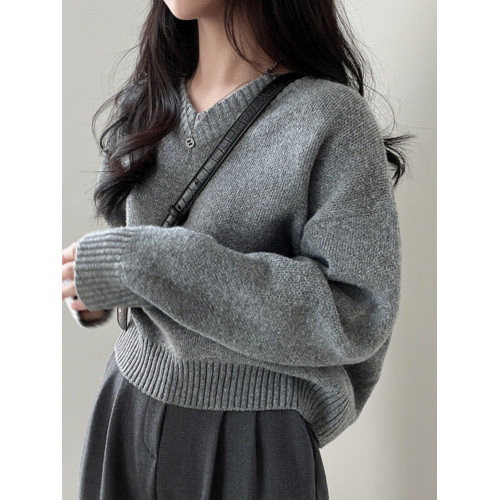 韓國chic秋冬基礎款純色V領套頭毛衣女慵懶風加厚保暖針織衫上衣 韓國chic秋冬基礎款純色V領套頭毛衣女慵懶風加厚保暖針織衫上衣