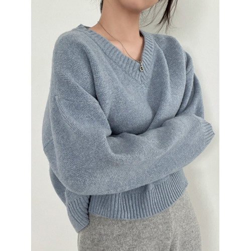 韓國chic秋冬基礎款純色V領套頭毛衣女慵懶風加厚保暖針織衫上衣 韓國chic秋冬基礎款純色V領套頭毛衣女慵懶風加厚保暖針織衫上衣