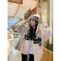 2025秋冬新款小香風克萊因藍小個子美式羊羔毛連帽棒球服厚外套女