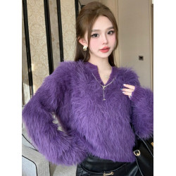 慵懶風復古毛衣女秋冬加厚設計感小衆V領短款水貂毛針織溫柔上衣