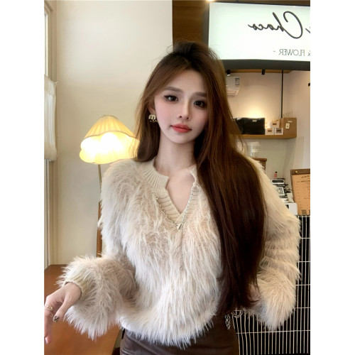 慵懶風復古毛衣女秋冬加厚設計感小衆V領短款水貂毛針織溫柔上衣