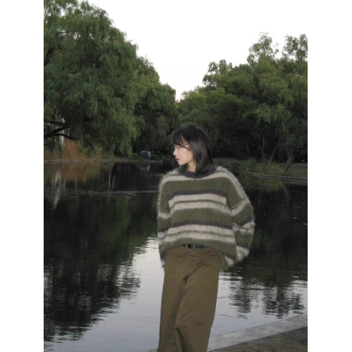 復古慵懶風綠色條紋馬海毛毛衣女寬松加厚中長款水貂絨針織衫秋冬 復古慵懶風綠色條紋馬海毛毛衣女寬松加厚中長款水貂絨針織衫秋冬