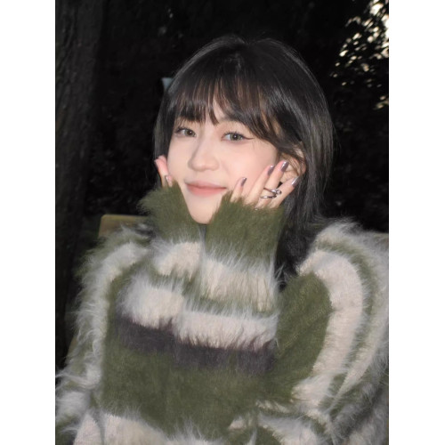 復古慵懶風綠色條紋馬海毛毛衣女寬松加厚中長款水貂絨針織衫秋冬 復古慵懶風綠色條紋馬海毛毛衣女寬松加厚中長款水貂絨針織衫秋冬