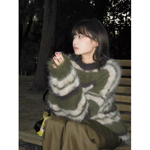 復古慵懶風綠色條紋馬海毛毛衣女寬松加厚中長款水貂絨針織衫秋冬 復古慵懶風綠色條紋馬海毛毛衣女寬松加厚中長款水貂絨針織衫秋冬