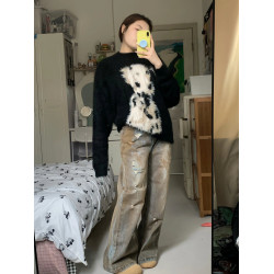 黑色圓領軟糯毛衣女設計感小衆秋冬款寬松慵懶風加厚馬海毛針織衫