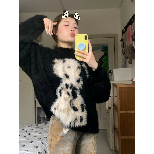 黑色圓領軟糯毛衣女設計感小衆秋冬款寬松慵懶風加厚馬海毛針織衫 黑色圓領軟糯毛衣女設計感小衆秋冬款寬松慵懶風加厚馬海毛針織衫