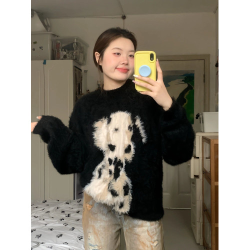 黑色圓領軟糯毛衣女設計感小衆秋冬款寬松慵懶風加厚馬海毛針織衫 黑色圓領軟糯毛衣女設計感小衆秋冬款寬松慵懶風加厚馬海毛針織衫