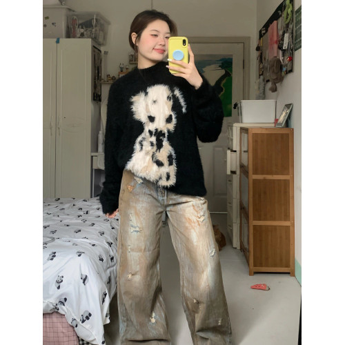 黑色圓領軟糯毛衣女設計感小衆秋冬款寬松慵懶風加厚馬海毛針織衫 黑色圓領軟糯毛衣女設計感小衆秋冬款寬松慵懶風加厚馬海毛針織衫