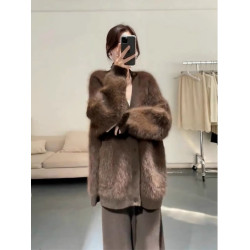 美拉德咖色v領水貂絨毛衣開衫女秋冬季慵懶風中長款加厚針織外套