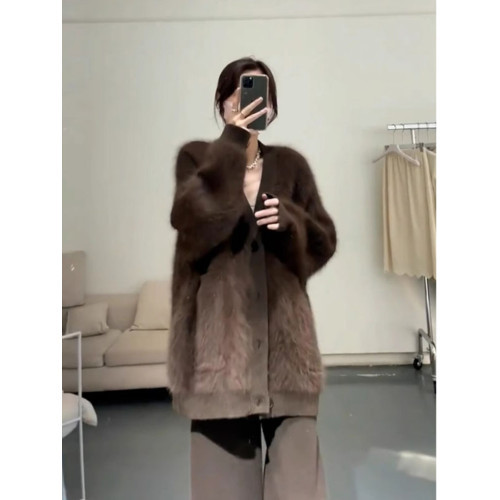 美拉德咖色v領水貂絨毛衣開衫女秋冬季慵懶風中長款加厚針織外套 美拉德咖色v領水貂絨毛衣開衫女秋冬季慵懶風中長款加厚針織外套