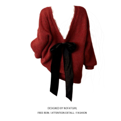 大碼胖MM紅色聖誕蝴蝶結露背v領毛衣女秋冬慵懶風高級感針織上衣