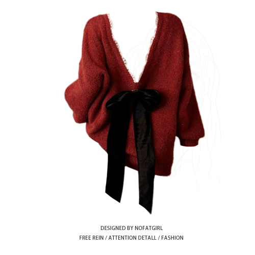 大碼胖MM紅色聖誕蝴蝶結露背v領毛衣女秋冬慵懶風高級感針織上衣 大碼胖MM紅色聖誕蝴蝶結露背v領毛衣女秋冬慵懶風高級感針織上衣