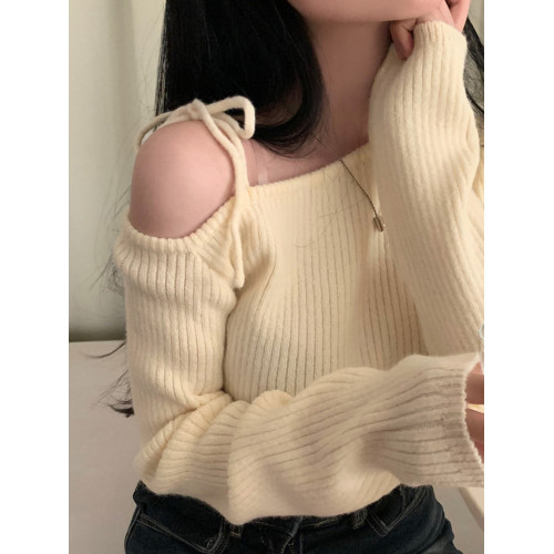 大碼設計感系帶露肩毛衣2025秋冬新款女軟糯彈力胖MM修身針織上衣 大碼設計感系帶露肩毛衣2025秋冬新款女軟糯彈力胖MM修身針織上衣