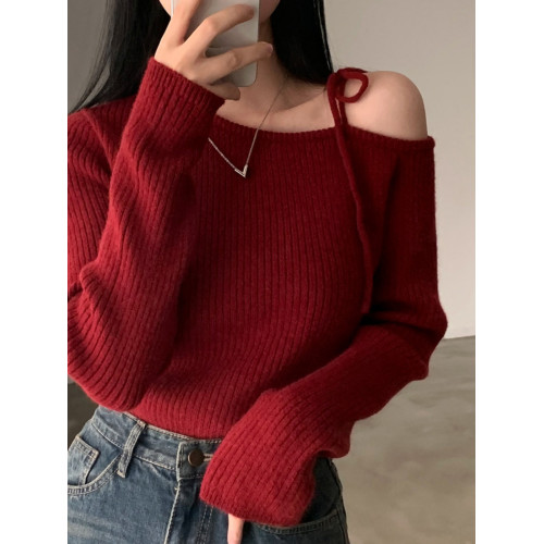 大碼設計感系帶露肩毛衣2025秋冬新款女軟糯彈力胖MM修身針織上衣 大碼設計感系帶露肩毛衣2025秋冬新款女軟糯彈力胖MM修身針織上衣