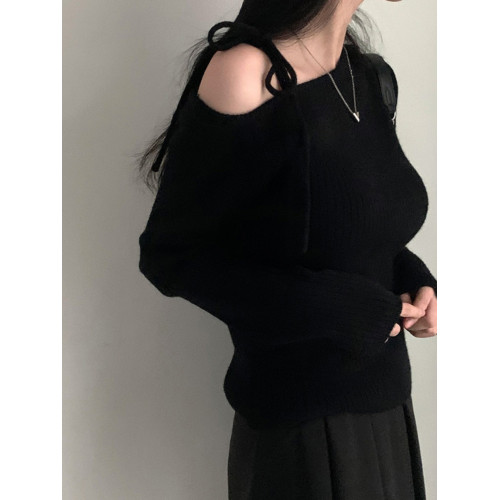 大碼設計感系帶露肩毛衣2025秋冬新款女軟糯彈力胖MM修身針織上衣 大碼設計感系帶露肩毛衣2025秋冬新款女軟糯彈力胖MM修身針織上衣
