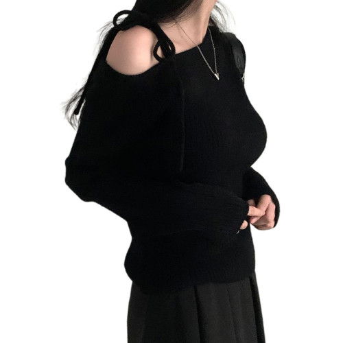 大碼設計感系帶露肩毛衣2025秋冬新款女軟糯彈力胖MM修身針織上衣 大碼設計感系帶露肩毛衣2025秋冬新款女軟糯彈力胖MM修身針織上衣