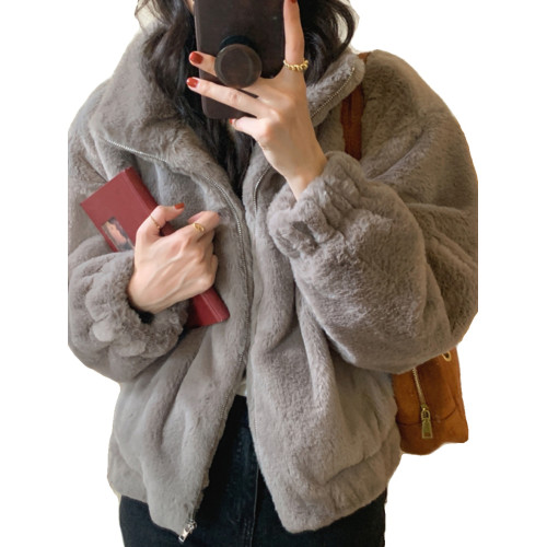 韓系chic銀狐絨拉鍊開衫外套女秋冬寬松短款小個子毛絨絨加厚衛衣 韓系chic銀狐絨拉鍊開衫外套女秋冬寬松短款小個子毛絨絨加厚衛衣