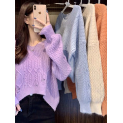 破洞麻花毛衣女針織衫套頭V領寬松慵懶秋冬短款打底百搭上衣學院