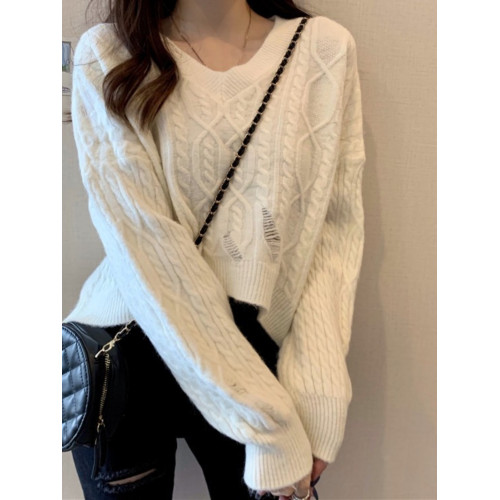 破洞麻花毛衣女針織衫套頭V領寬松慵懶秋冬短款打底百搭上衣學院 破洞麻花毛衣女針織衫套頭V領寬松慵懶秋冬短款打底百搭上衣學院