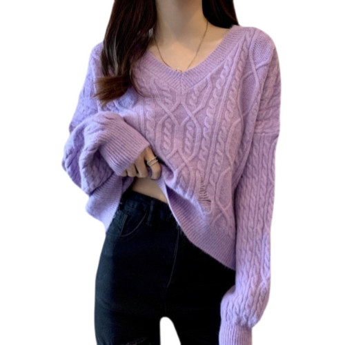 破洞麻花毛衣女針織衫套頭V領寬松慵懶秋冬短款打底百搭上衣學院 破洞麻花毛衣女針織衫套頭V領寬松慵懶秋冬短款打底百搭上衣學院