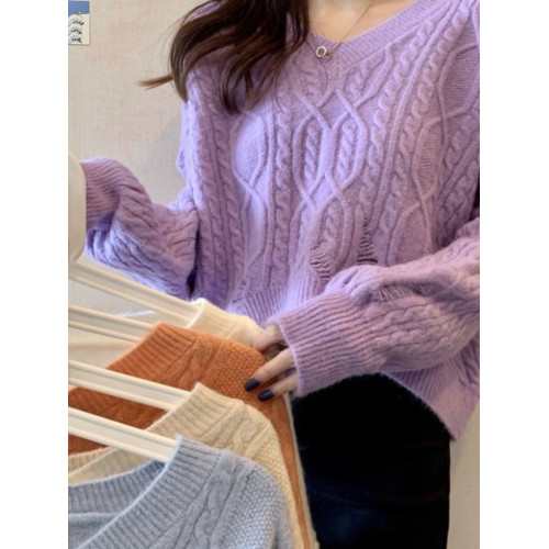 破洞麻花毛衣女針織衫套頭V領寬松慵懶秋冬短款打底百搭上衣學院 破洞麻花毛衣女針織衫套頭V領寬松慵懶秋冬短款打底百搭上衣學院