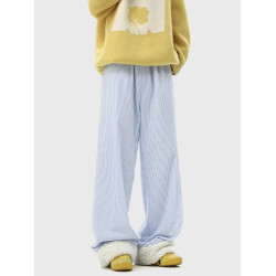 BWKA多巴胺條紋保暖棉褲女男冬季加絨加厚防寒濶腿褲慵懶風休閒褲