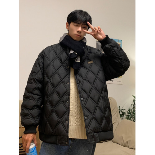 Kusen 美式潮牌菱形格棉衣夾克男潮流寬鬆情侶保暖學生棒球領棉服