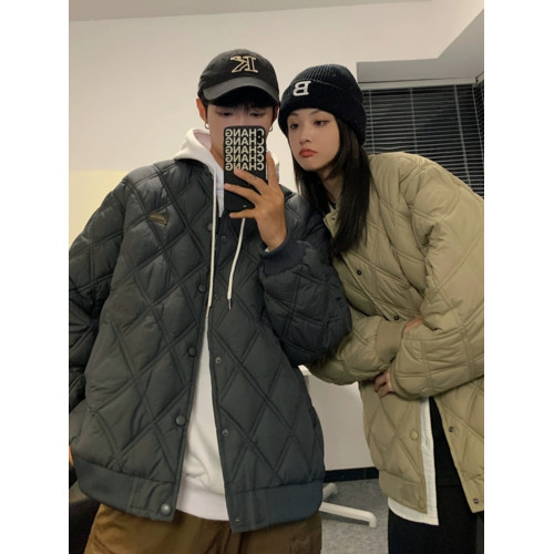 Kusen 美式潮牌菱形格棉衣夾克男潮流寬鬆情侶保暖學生棒球領棉服