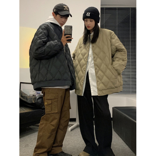 Kusen 美式潮牌菱形格棉衣夾克男潮流寬鬆情侶保暖學生棒球領棉服