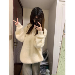 米白色海馬毛軟糯毛衣女高級感韓系慵懶風針織打底衫秋冬加厚上衣