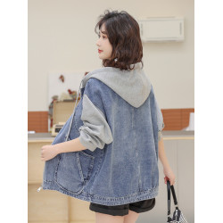 復古拼接連帽牛仔外套女2025春秋新款設計感夾克寬松拉鍊減齡上衣